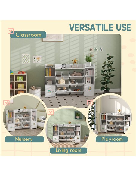 AIYAPLAY Kids Toy Organizers and Storage with 8 Removable Storage Bins and Bookshelf, White