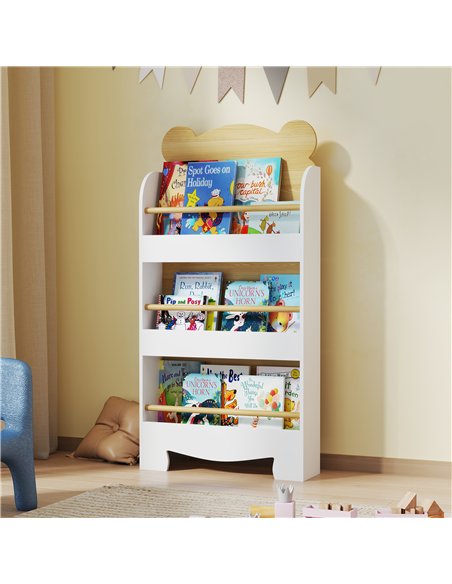 AIYAPLAY Kids Bookshelf, 3 Tier Children Bookcase, Bear Theme Toddler Space-Saving Bookcase for Living Room, White