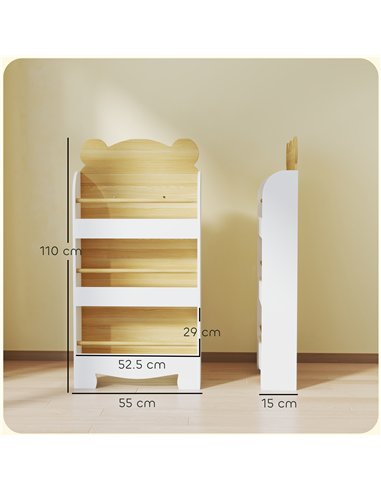 AIYAPLAY Kids Bookshelf, 3 Tier Children Bookcase, Bear Theme Toddler Space-Saving Bookcase for Living Room, White