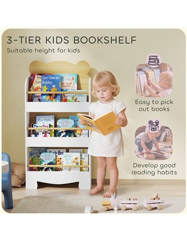 AIYAPLAY Kids Bookshelf, 3 Tier Children Bookcase, Bear Theme Toddler Space-Saving Bookcase for Living Room, White