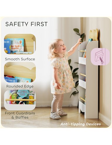 AIYAPLAY Kids Bookshelf, 3 Tier Children Bookcase, Bear Theme Toddler Space-Saving Bookcase for Living Room, White