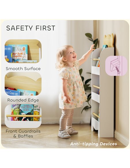 AIYAPLAY Kids Bookshelf, 3 Tier Children Bookcase, Bear Theme Toddler Space-Saving Bookcase for Living Room, White