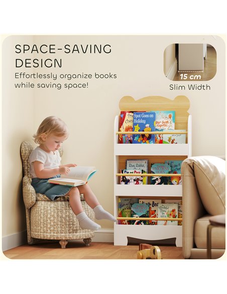 AIYAPLAY Kids Bookshelf, 3 Tier Children Bookcase, Bear Theme Toddler Space-Saving Bookcase for Living Room, White