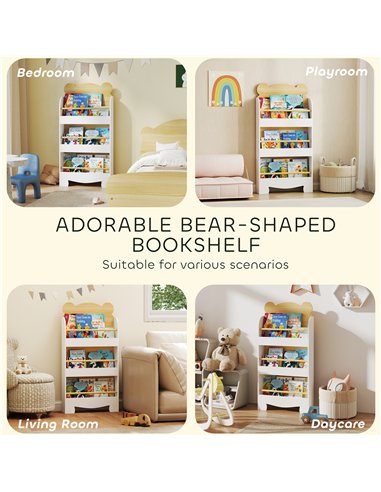 AIYAPLAY Kids Bookshelf, 3 Tier Children Bookcase, Bear Theme Toddler Space-Saving Bookcase for Living Room, White