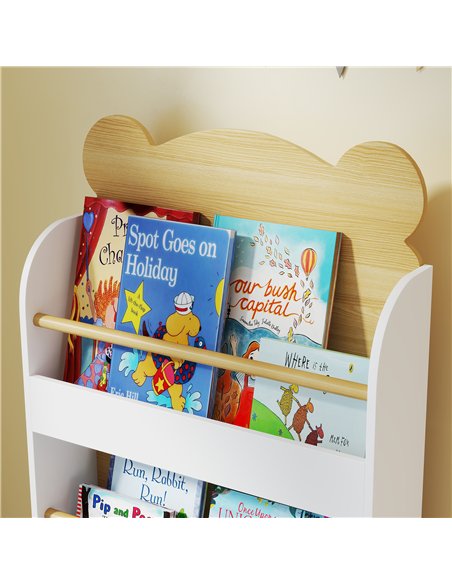 AIYAPLAY Kids Bookshelf, 3 Tier Children Bookcase, Bear Theme Toddler Space-Saving Bookcase for Living Room, White