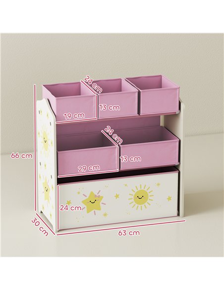 AIYAPLAY Kids Toy Storage Units, 3-Tier Toy Organiser Shelf with 6 Removable Boxes for Kids, Bedroom, Playroom, Pink