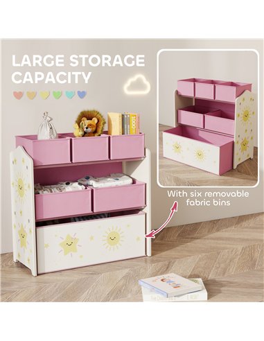 AIYAPLAY Kids Toy Storage Units, 3-Tier Toy Organiser Shelf with 6 Removable Boxes for Kids, Bedroom, Playroom, Pink