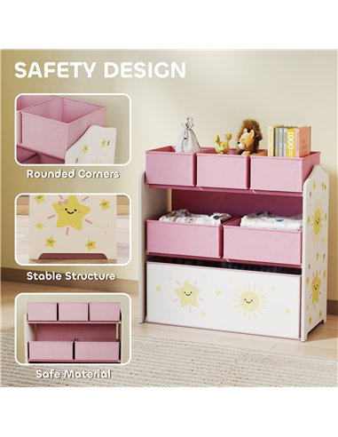 AIYAPLAY Kids Toy Storage Units, 3-Tier Toy Organiser Shelf with 6 Removable Boxes for Kids, Bedroom, Playroom, Pink