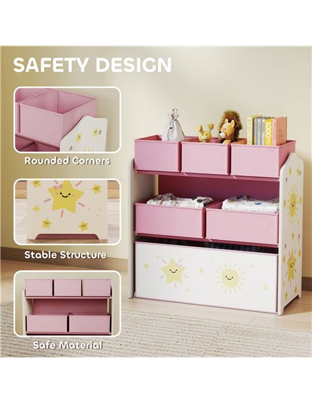 AIYAPLAY Kids Toy Storage Units, 3-Tier Toy Organiser Shelf with 6 Removable Boxes for Kids, Bedroom, Playroom, Pink