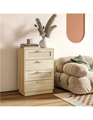 HOMCOM Chest of Four Rattan Weave Panel Drawers - Wood-Effect