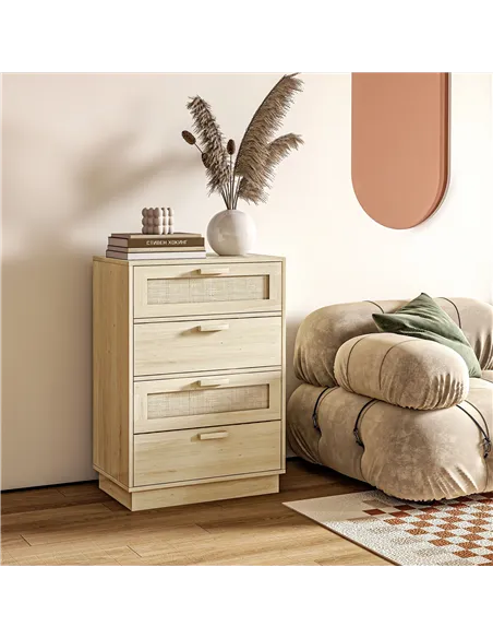 HOMCOM Chest of Four Rattan Weave Panel Drawers - Wood-Effect