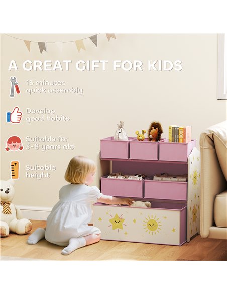 AIYAPLAY Kids Toy Storage Units, 3-Tier Toy Organiser Shelf with 6 Removable Boxes for Kids, Bedroom, Playroom, Pink
