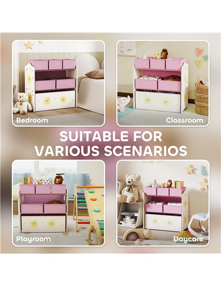 AIYAPLAY Kids Toy Storage Units, 3-Tier Toy Organiser Shelf with 6 Removable Boxes for Kids, Bedroom, Playroom, Pink