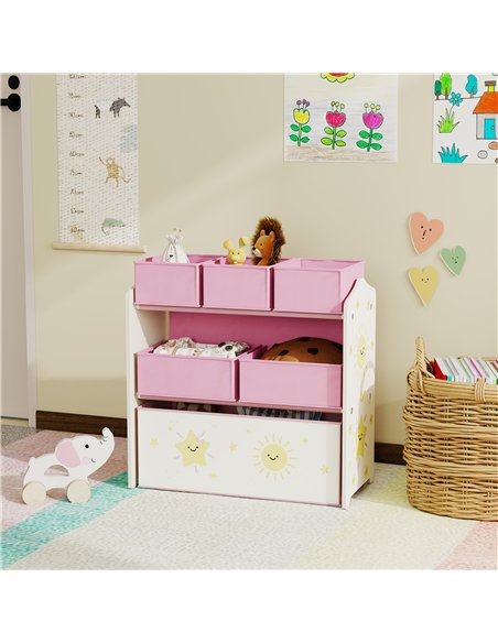 AIYAPLAY Kids Toy Storage Units, 3-Tier Toy Organiser Shelf with 6 Removable Boxes for Kids, Bedroom, Playroom, Pink