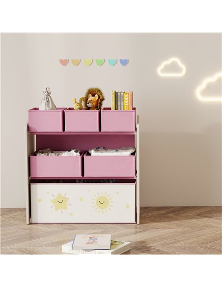 AIYAPLAY Kids Toy Storage Units, 3-Tier Toy Organiser Shelf with 6 Removable Boxes for Kids, Bedroom, Playroom, Pink