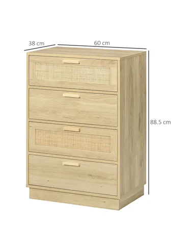 HOMCOM Chest of Four Rattan Weave Panel Drawers - Wood-Effect