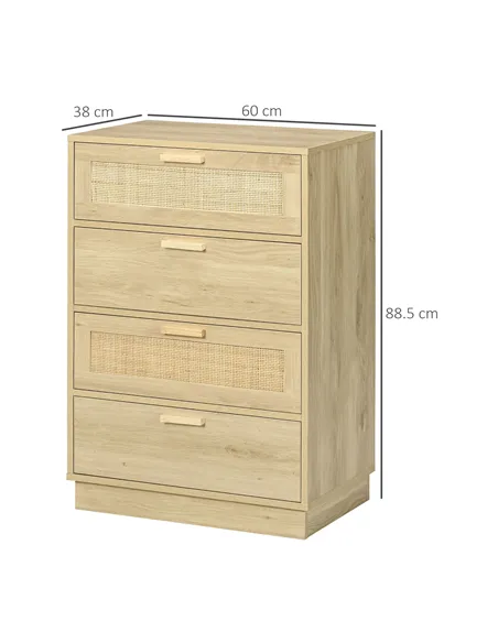 HOMCOM Chest of Four Rattan Weave Panel Drawers - Wood-Effect