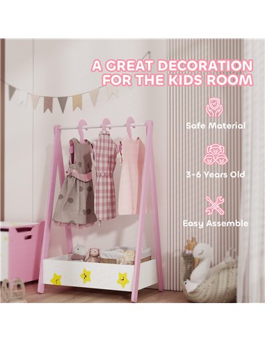 AIYAPLAY Baby Clothing Rack with Hangers, Storage Shelf for Bedroom, Star Theme, for Ages 3-6, Pink
