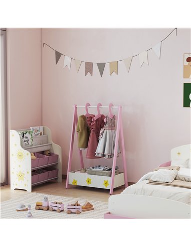 AIYAPLAY Baby Clothing Rack with Hangers, Storage Shelf for Bedroom, Star Theme, for Ages 3-6, Pink