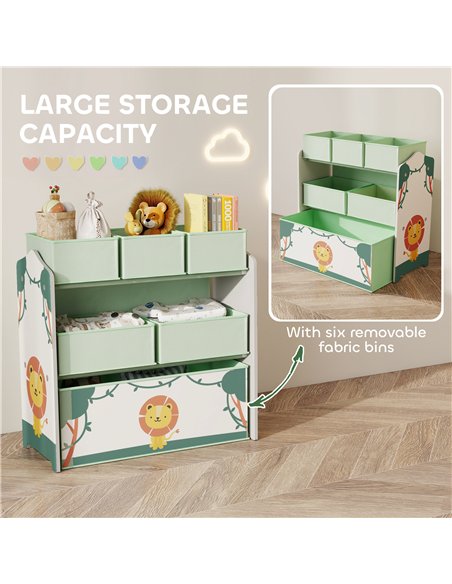 AIYAPLAY Kids Toy Storage Units, 3-Tier Toy Organiser Shelf with 6 Removable Boxes for Kids, Bedroom, Playroom, Green