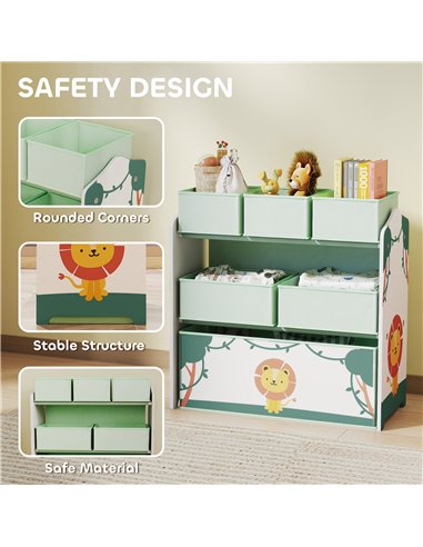 AIYAPLAY Kids Toy Storage Units, 3-Tier Toy Organiser Shelf with 6 Removable Boxes for Kids, Bedroom, Playroom, Green
