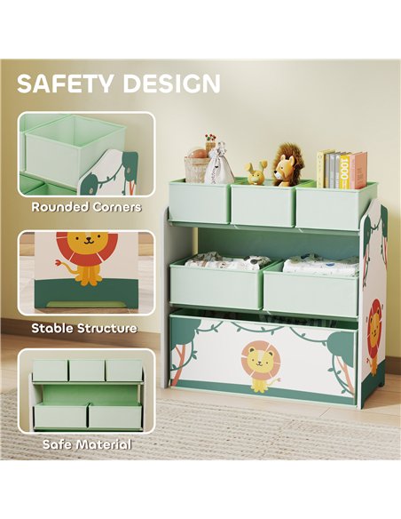 AIYAPLAY Kids Toy Storage Units, 3-Tier Toy Organiser Shelf with 6 Removable Boxes for Kids, Bedroom, Playroom, Green