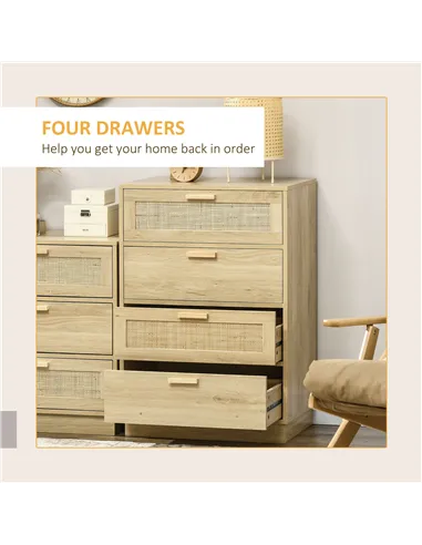 HOMCOM Chest of Four Rattan Weave Panel Drawers - Wood-Effect