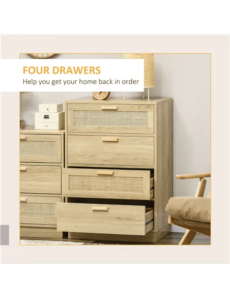 HOMCOM Chest of Four Rattan Weave Panel Drawers - Wood-Effect