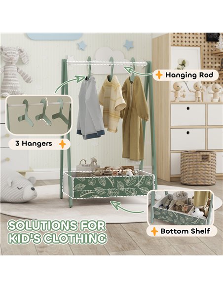 AIYAPLAY Baby Clothing Rack with Hangers, Storage Shelf for Bedroom, Leaf Theme, for Ages 3-6, Green