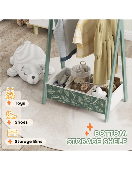 AIYAPLAY Baby Clothing Rack with Hangers, Storage Shelf for Bedroom, Leaf Theme, for Ages 3-6, Green