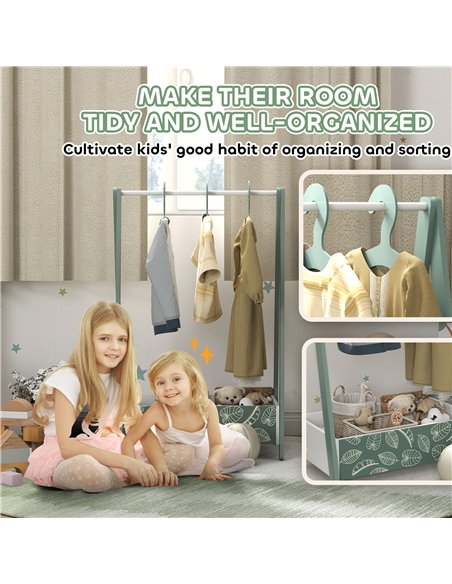 AIYAPLAY Baby Clothing Rack with Hangers, Storage Shelf for Bedroom, Leaf Theme, for Ages 3-6, Green