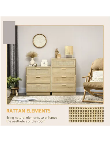 HOMCOM Chest of Four Rattan Weave Panel Drawers - Wood-Effect