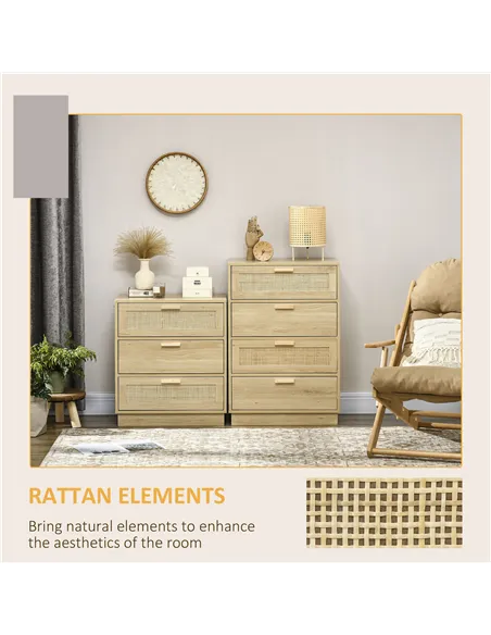 HOMCOM Chest of Four Rattan Weave Panel Drawers - Wood-Effect