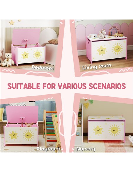 AIYAPLAY Toy Box with Lid, Safety Hinges and Groove Handles, Toy Storage organiser for Kids, Living Room, Playroom, Pink