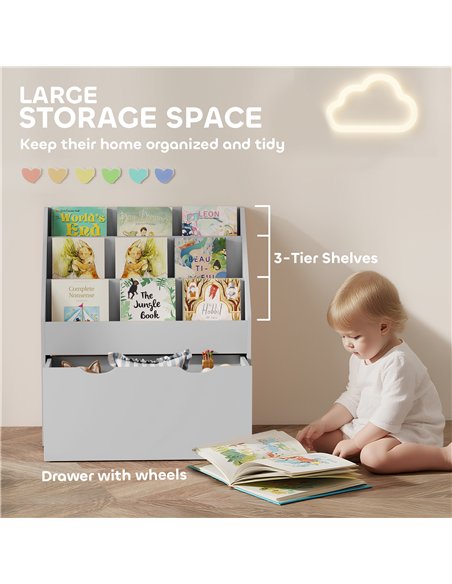 AIYAPLAY Bookcase for Kids with Shelves, Drawer, Bookcase for Bedroom, Playroom, Grey