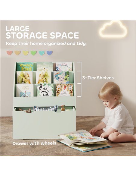 AIYAPLAY Bookcase for Kids with Shelves, Drawer, Bookcase for Bedroom, Playroom, Green