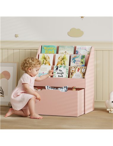 AIYAPLAY Bookcase for Kids with Shelves, Drawer, Bookcase for Bedroom, Playroom, Pink