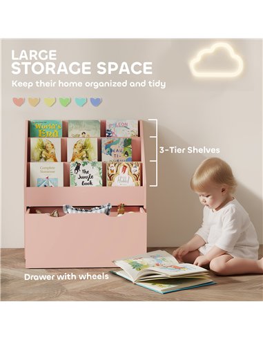AIYAPLAY Bookcase for Kids with Shelves, Drawer, Bookcase for Bedroom, Playroom, Pink