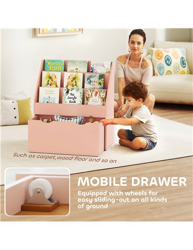 AIYAPLAY Bookcase for Kids with Shelves, Drawer, Bookcase for Bedroom, Playroom, Pink