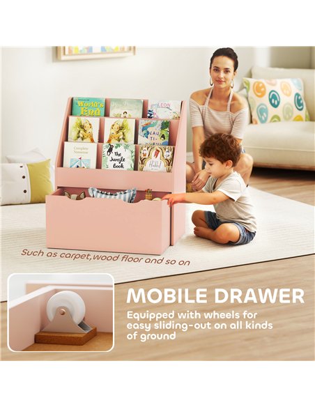 AIYAPLAY Bookcase for Kids with Shelves, Drawer, Bookcase for Bedroom, Playroom, Pink