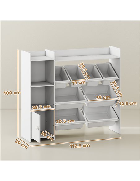 AIYAPLAY Toy Storage Unit with 8 Removable Bins, Storage Shelves, Cabinet, White