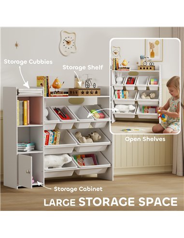 AIYAPLAY Toy Storage Unit with 8 Removable Bins, Storage Shelves, Cabinet, White