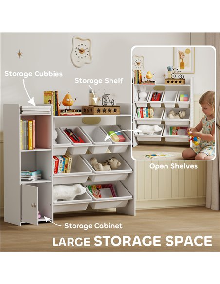 AIYAPLAY Toy Storage Unit with 8 Removable Bins, Storage Shelves, Cabinet, White