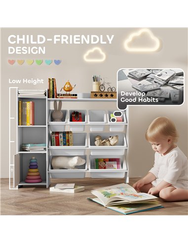 AIYAPLAY Toy Storage Unit with 8 Removable Bins, Storage Shelves, Cabinet, White