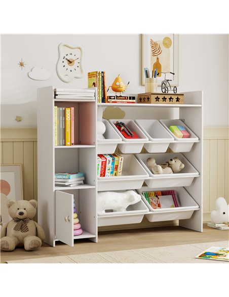 AIYAPLAY Toy Storage Unit with 8 Removable Bins, Storage Shelves, Cabinet, White
