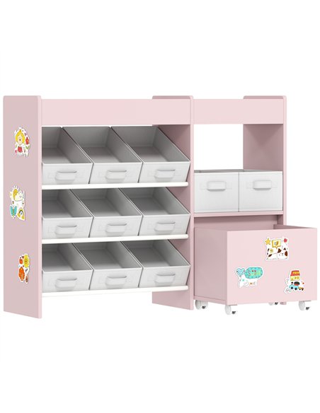 AIYAPLAY Kids Toy Storage Unit with 11 Bins, Cabinet, Top Shelves, 3 Stickers, for Nursery, Playroom, Pink