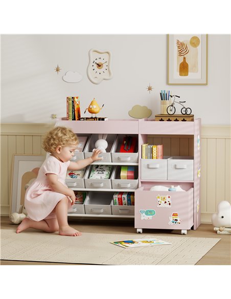AIYAPLAY Kids Toy Storage Unit with 11 Bins, Cabinet, Top Shelves, 3 Stickers, for Nursery, Playroom, Pink