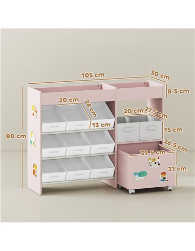 AIYAPLAY Kids Toy Storage Unit with 11 Bins, Cabinet, Top Shelves, 3 Stickers, for Nursery, Playroom, Pink
