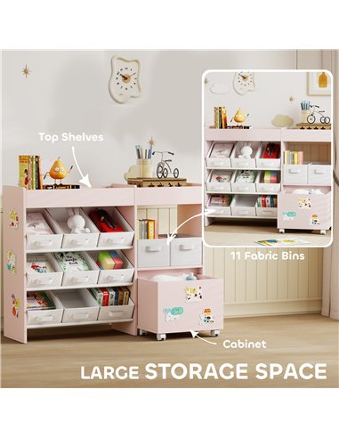 AIYAPLAY Kids Toy Storage Unit with 11 Bins, Cabinet, Top Shelves, 3 Stickers, for Nursery, Playroom, Pink