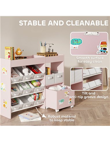AIYAPLAY Kids Toy Storage Unit with 11 Bins, Cabinet, Top Shelves, 3 Stickers, for Nursery, Playroom, Pink
